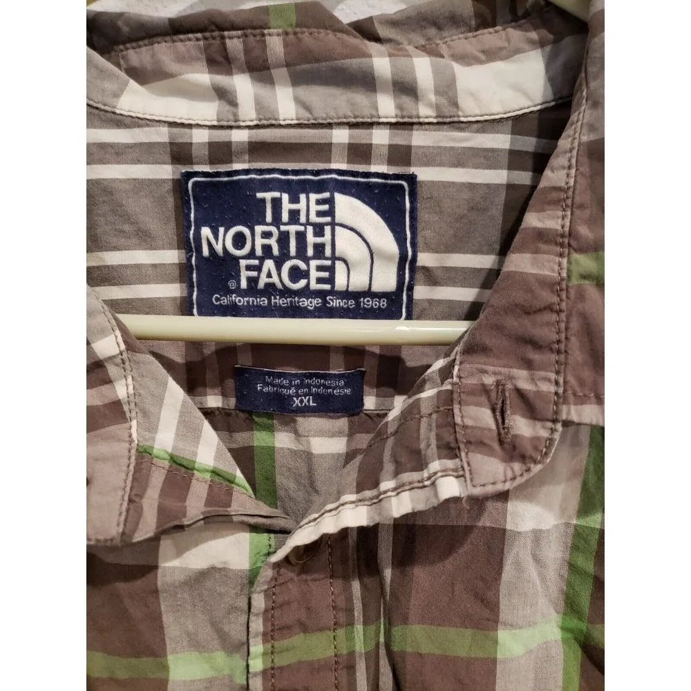 Men's XXL The North Face button down‎ short sleeve shirt: Green & Gray plaid